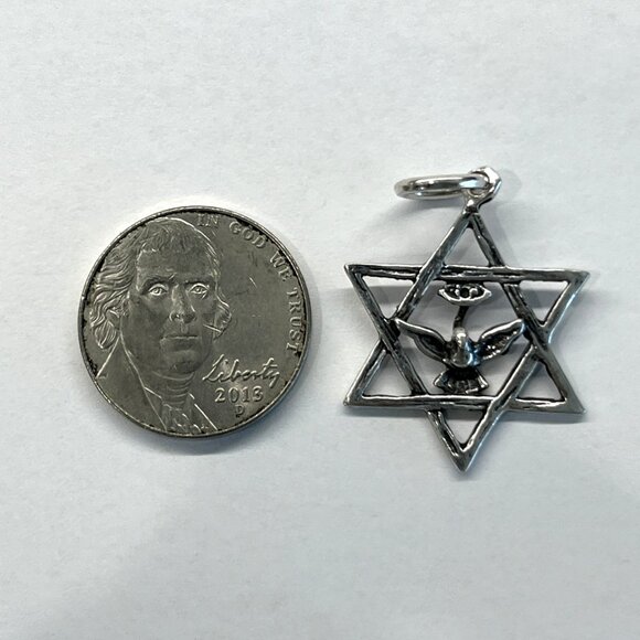 VTG SILVER METAL JEWISH HEBREW STAR OF DAVID NECKLACE PENDANT W/DOVE FOR PEACE - Picture 4 of 4